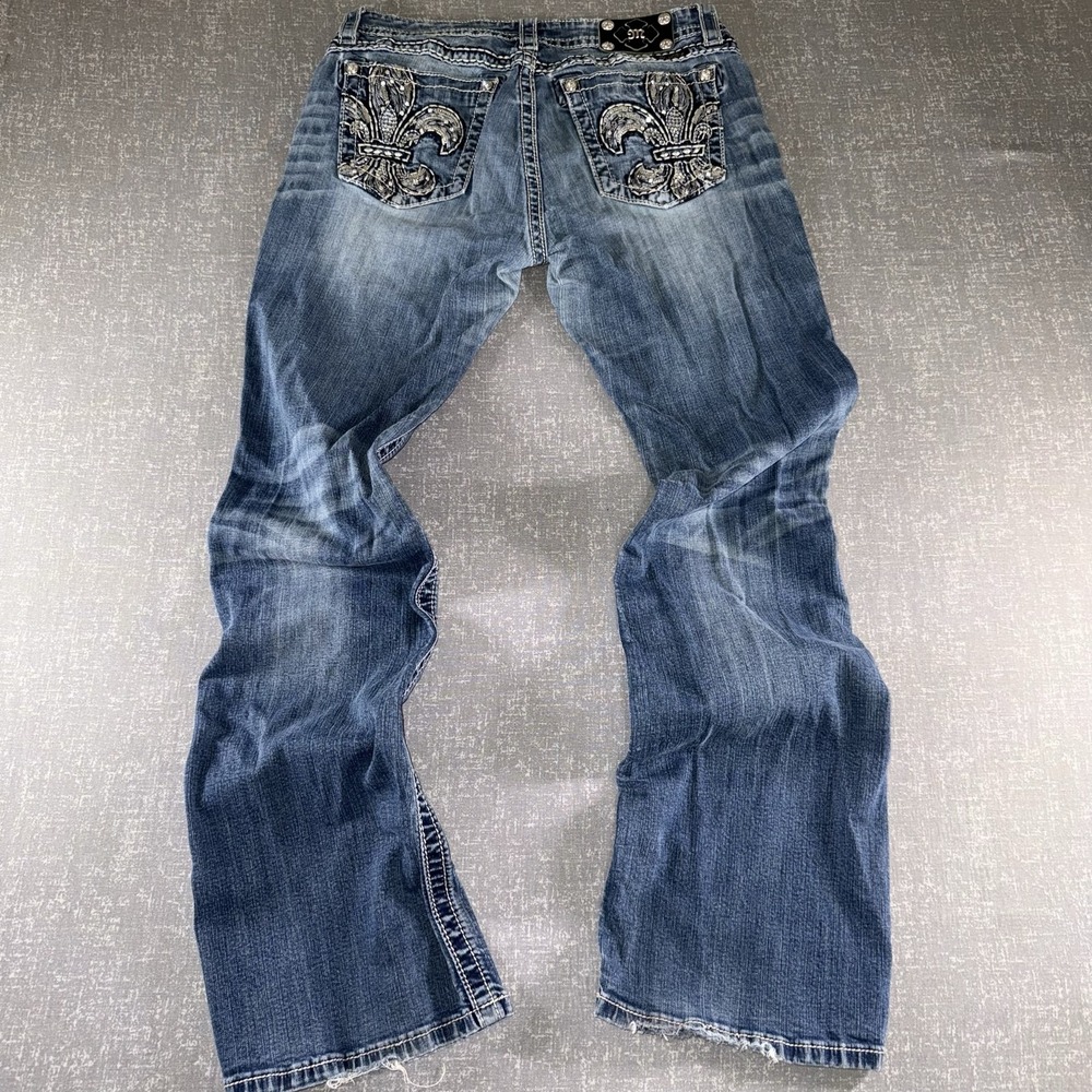 Miss Me Womens 31 Blue Low Rise Bootcut Distressed Rhinestone Jeans JP5534B